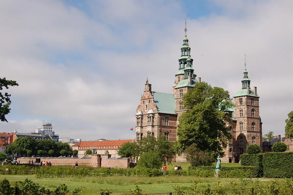 Rosenborg Castle surrounded by gardens, housing the Danish crown jewels in Copenhagen.
