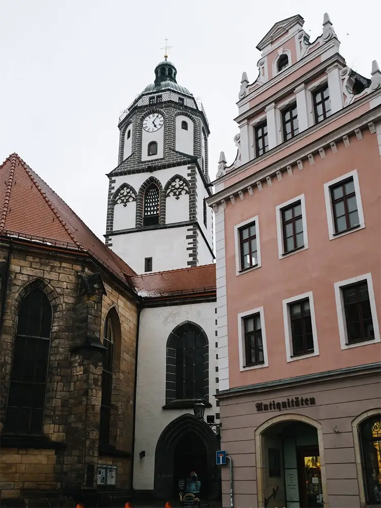 Gothic-style Frauenkirche with twin spires in Meißen's old town