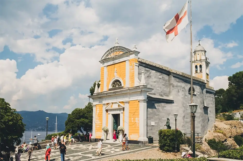 Why Should You Visit Portofino on the Italian Riviera? 6 Facade of San Giorgio Church overlooking the sea in Portofino.