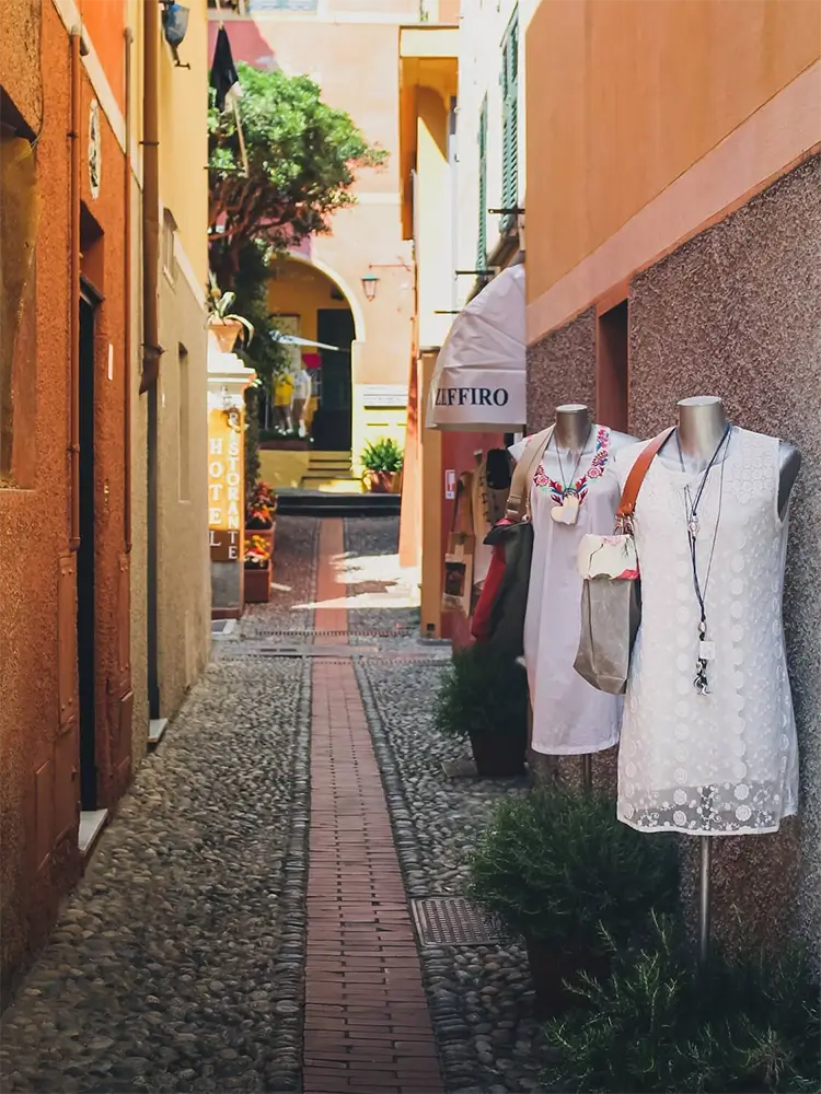 Charming narrow street in Portofino lined with pastel-colored buildings and shops.